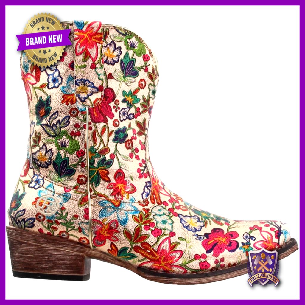 Floral Metallic Snip Toe Ankle Boots Low Heel Pull On Casual Western Style